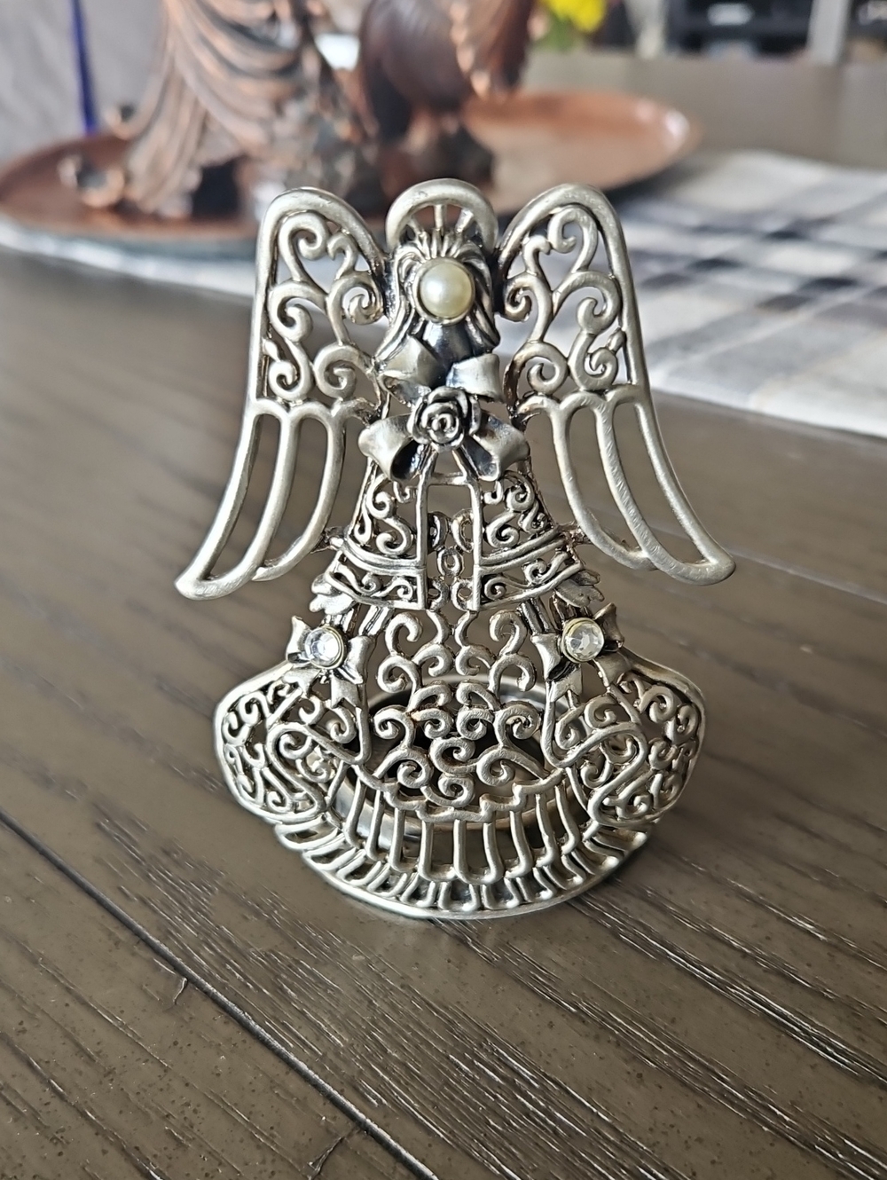 Vintage Silver Tone Filigree Angel Tea Light Candle Holder